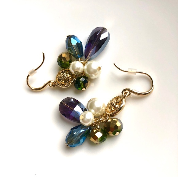 Crystal Drop Earrings Glass Cluster Gold Tone - Picture 1 of 1